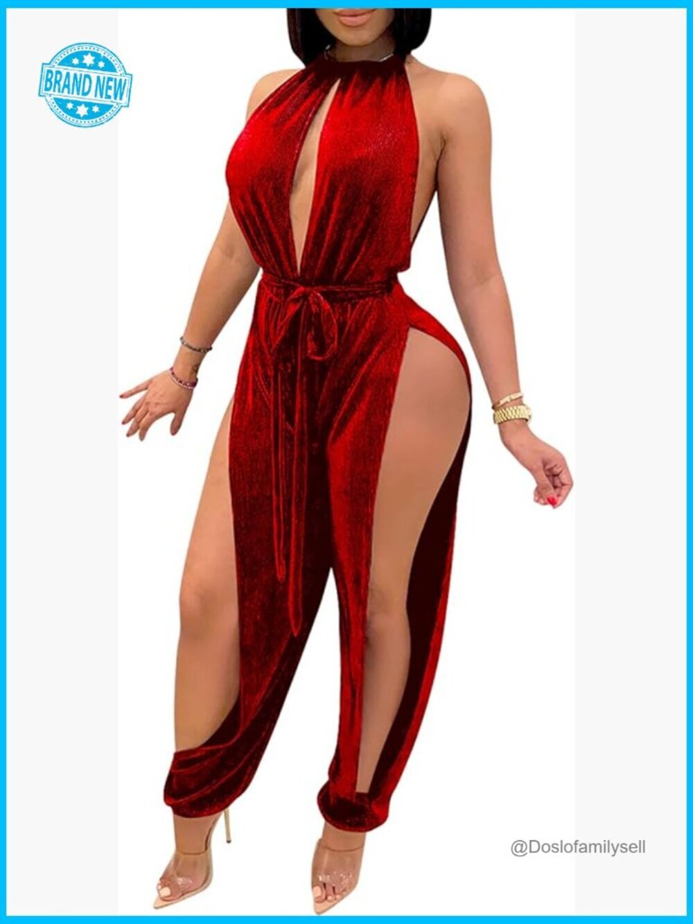 Sexy Velvet Bodycon Jumpsuit Halter Neck Sleeveless Stretchy Clubwear